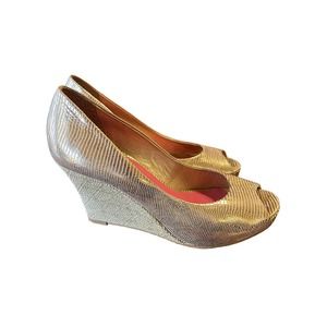 Lilly Pulitzer Gold Peep Toe Wedge Shoes Resort Cruise Size 7